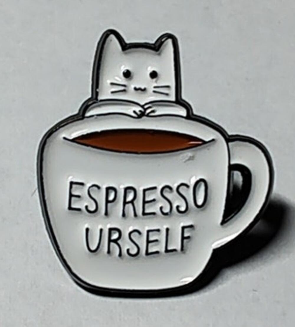 Cute Espresso Urself Coffee Cup & Cat Pin Kitty Lapel Hat Brooch